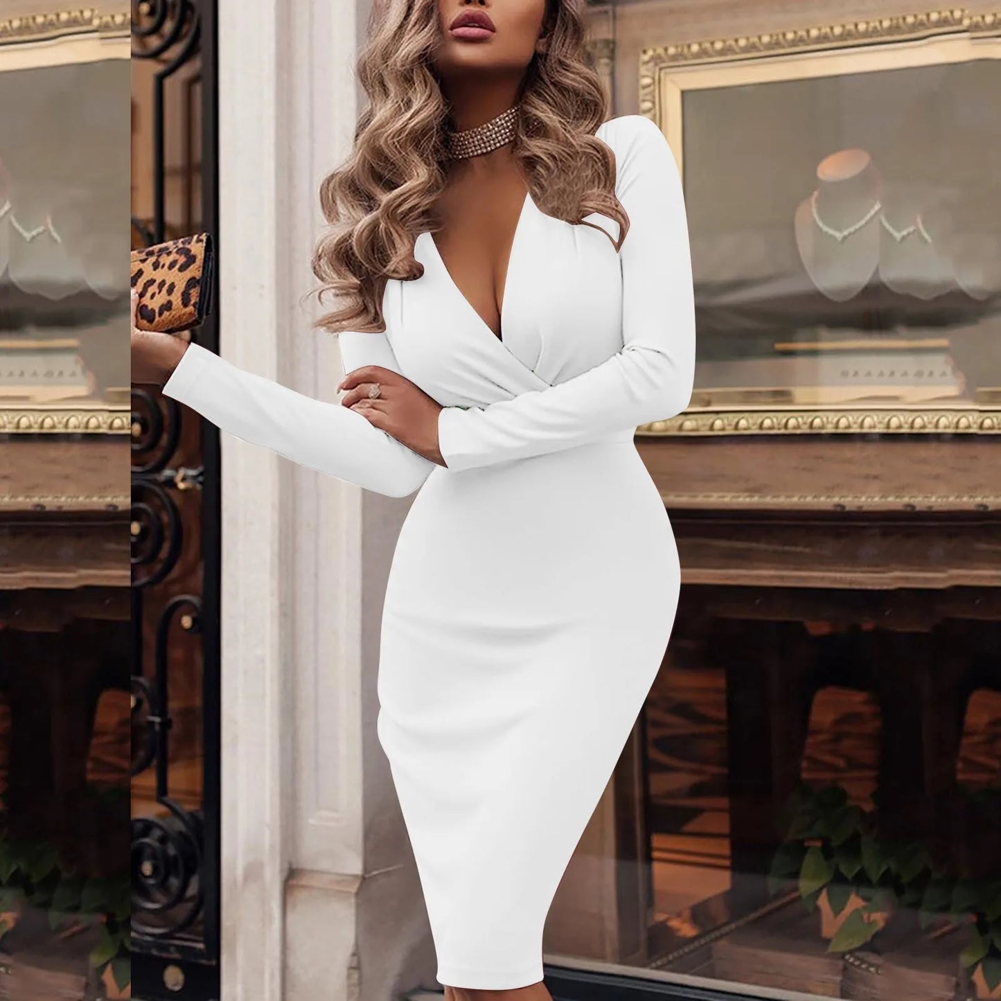 Elegant Women Bodycon White Dresses Sexy Deep V Neck Pleated Long Bag Hip Dress Autumn Winter Clubwear Clothes Streetwear Robes