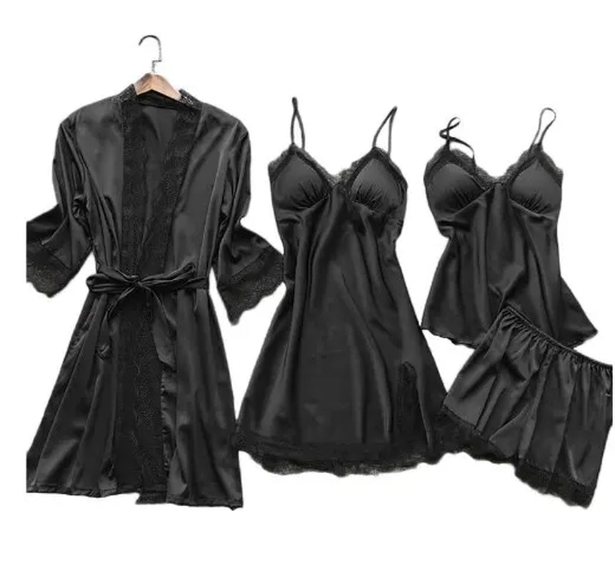 4PCS Sleepwear Pajamas Set Silk Women Nightdress Lace Dress Robe Sleep Nightwear Silk Solid Color Pijama Sets